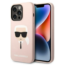 Заредете изображение във визуализатора на галерията – Original Pouch KARL LAGERFELD Silicone Karl`s Head Magsafe KLHMP14XSLKHLP for Iphone 14 Pro Max Light pink
