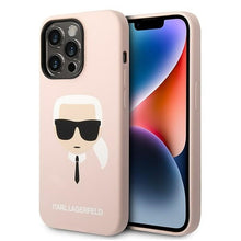 Заредете изображение във визуализатора на галерията – Original Pouch KARL LAGERFELD Silicone Karl`s Head Magsafe KLHMP14LSLKHLP for Iphone 14 Pro Light pink
