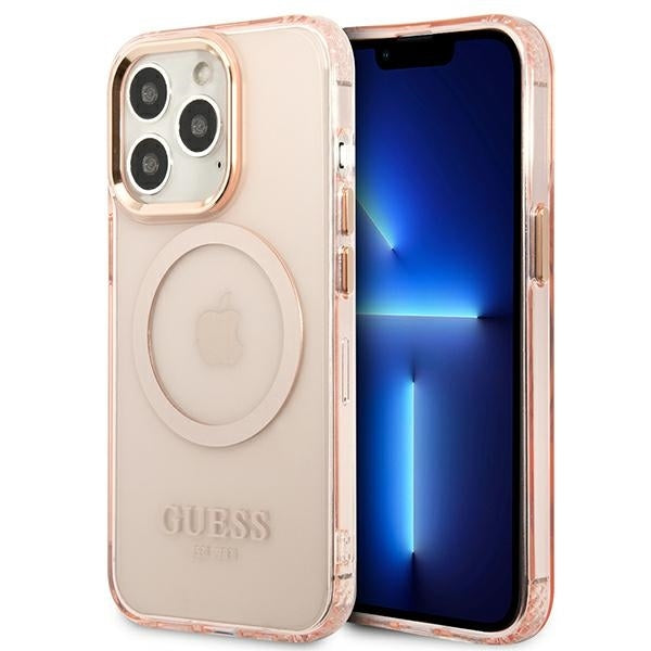 Original Case GUESS Gold OutlineTranslucent Magsafe GUHMP13LHTCMP for Iphone 13 Pro pink