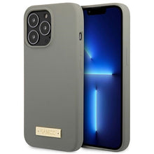 Заредете изображение във визуализатора на галерията – Original Case GUESS Silicone Logo Plate MagSafe GUHMP13LSPLG for Iphone 13 Pro grey
