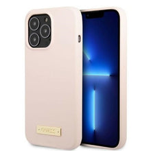 Заредете изображение във визуализатора на галерията – Original Case GUESS Silicone Logo Plate MagSafe GUHMP13LSPLP for Iphone 13 Pro pink
