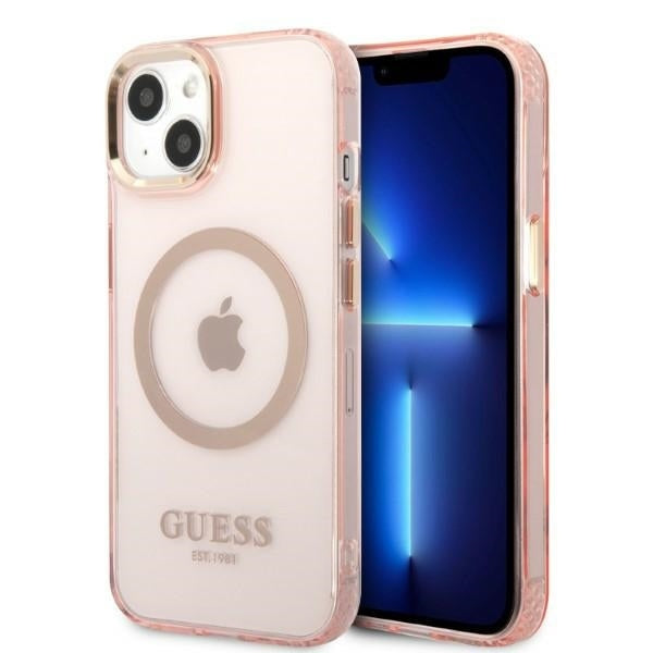Original Case GUESS Gold OutlineTranslucent Magsafe GUHMP13MHTCMP for Iphone 13 pink