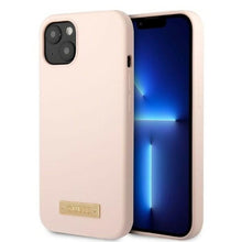 Заредете изображение във визуализатора на галерията – Original Case GUESS Silicone Logo Plate MagSafe GUHMP13MSBPLP for Iphone 13 pink
