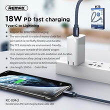 Заредете изображение във визуализатора на галерията – Remax cable typ c for iphone lightning 8-pin kerola power delivery fast charging rc-094cl 1 meter black - само за 12 лв
