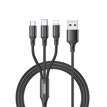 Заредете изображение във визуализатора на галерията – Remax cable usb 3in1 to iphone lightning 8-pin + type c + micro giliton series 3,1a rc-189th black - TopMag
