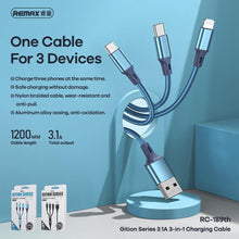 Заредете изображение във визуализатора на галерията – Remax cable usb 3in1 to iphone lightning 8-pin + type c + micro giliton series 3,1a rc-189th blue - TopMag
