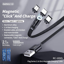 Заредете изображение във визуализатора на галерията – Remax cable usb magnetic 3in1 for iphone lightning 8-pin + type c + micro rc-169th black - TopMag
