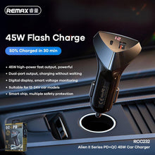 Заредете изображение във визуализатора на галерията – Remax car charger type c + usb quick charger pd45w 5a fast charger rcc232 black - TopMag
