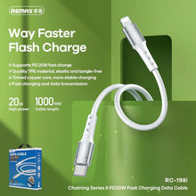 Заредете изображение във визуализатора на галерията – Remax кабел type c към apple lightning 8-pin power delivery pd20w chaining fast charging rc-198i white - TopMag
