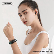 Заредете изображение във визуализатора на галерията – Remax wireless stereo earbuds tws-15 with docking station in smartband black - TopMag
