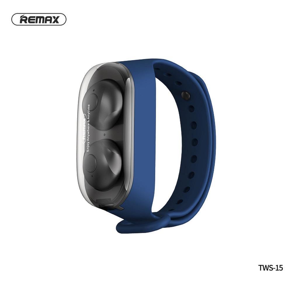 Remax wireless stereo earbuds tws-15 with docking station in smartband blue - TopMag